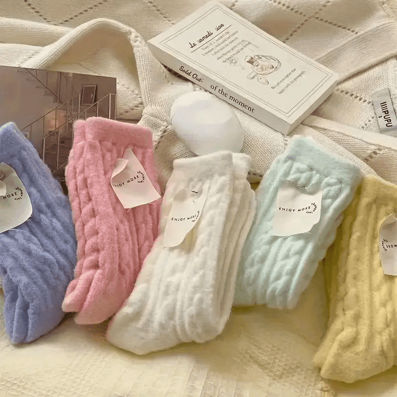 TEMU 5 Pairs Of Mixed Plush Socks, Thick Color Warm Socks In Tube, Warm Floor Socks In Autumn And Winter, Middle Socks-stockings.
