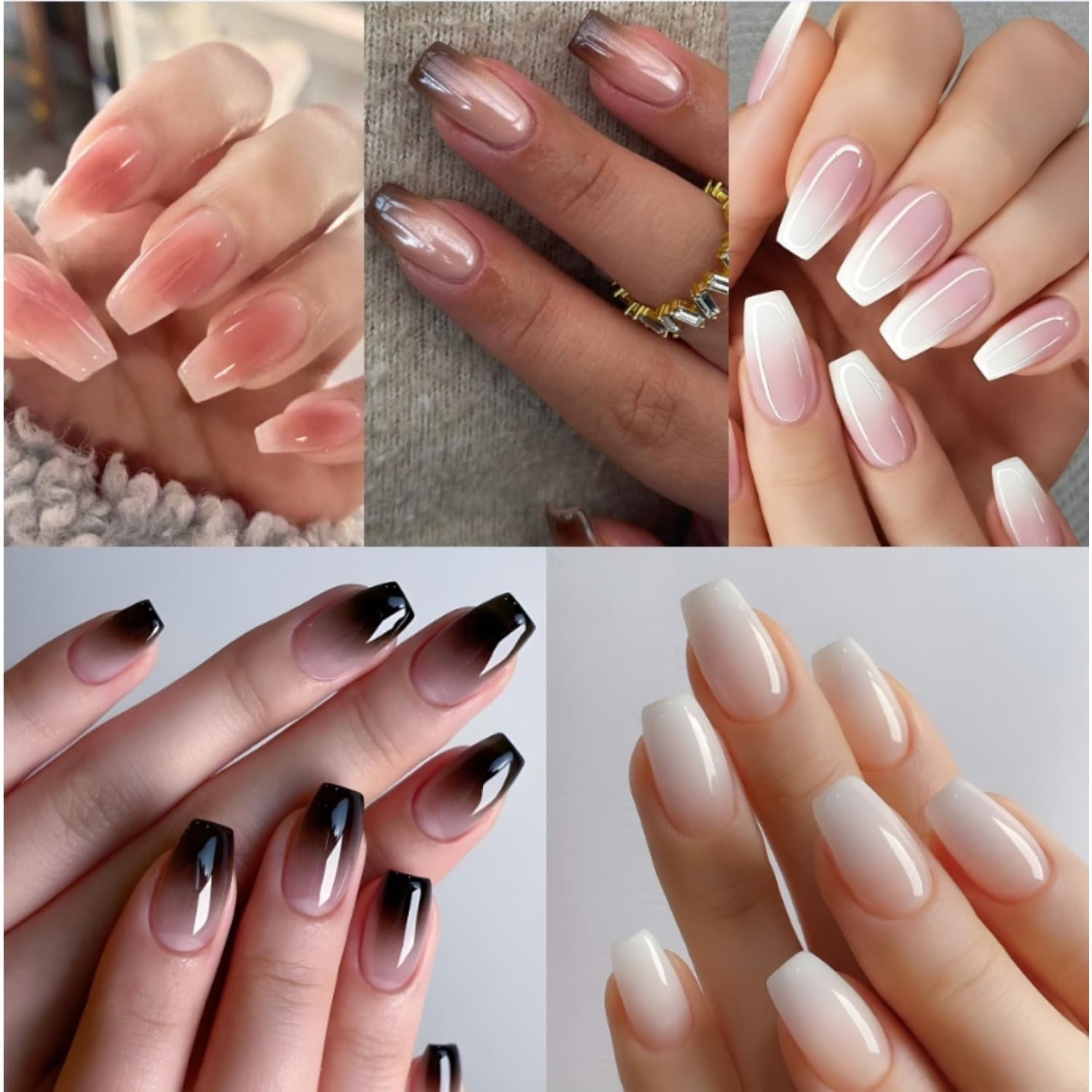 TEMU 120pcs Gradient Black White On Nails Medium Coffin Fake Nails Black French Tip Glue On Nails Glossy Finish False Nails Summer French Manicure Kit Coffin Shape Stick On Nails For Women - 24pcs