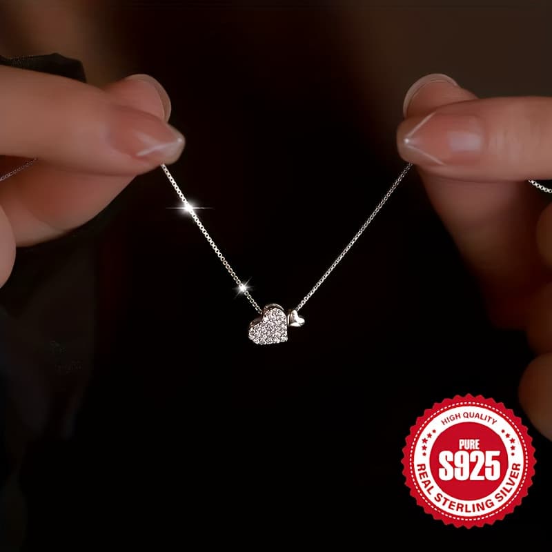 TEMU 925 Sterling Silver Women's Love Heart Inlaid Zirconia Pendant Necklace Hypoallergenic Luxury Simple Heart-shaped Clavicle Chain