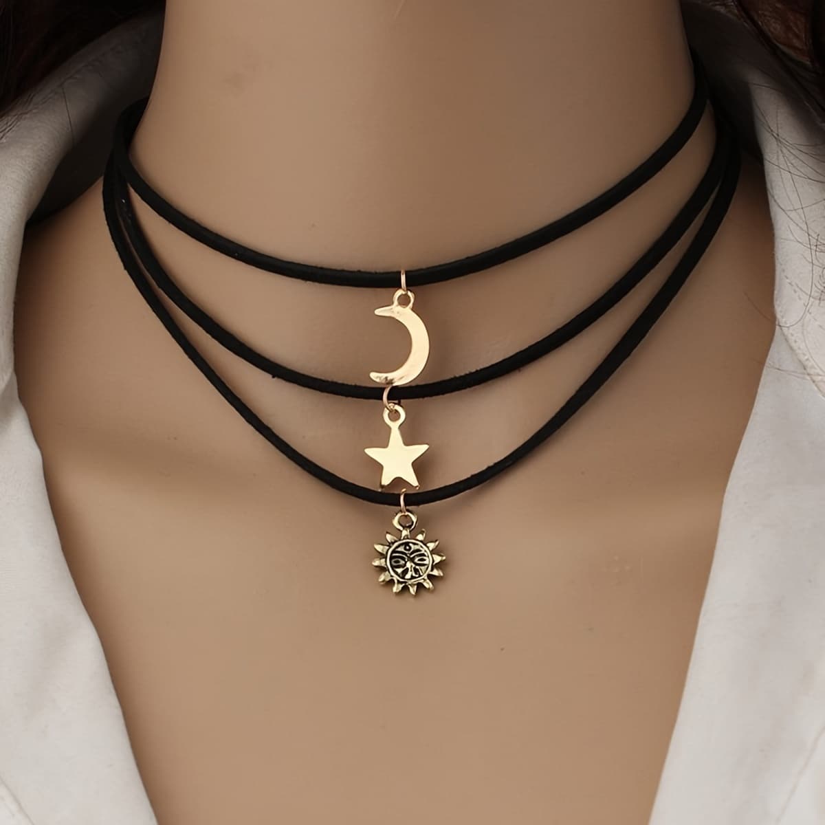 TEMU Female 3 - Strands Patch Neck Necklace With Star, Moon, Sun Multi - Element Pendants. A Fusion Of Edge And Sweet - Cool Aesthetic, Making A Statement At Versatile Party Styles