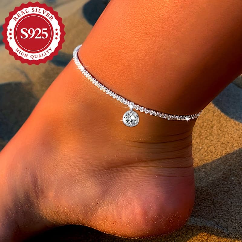 TEMU 1pc 925 Sterling 925 Silver Anklet, Elegant And Style, Lightweight, Ideal For Party And