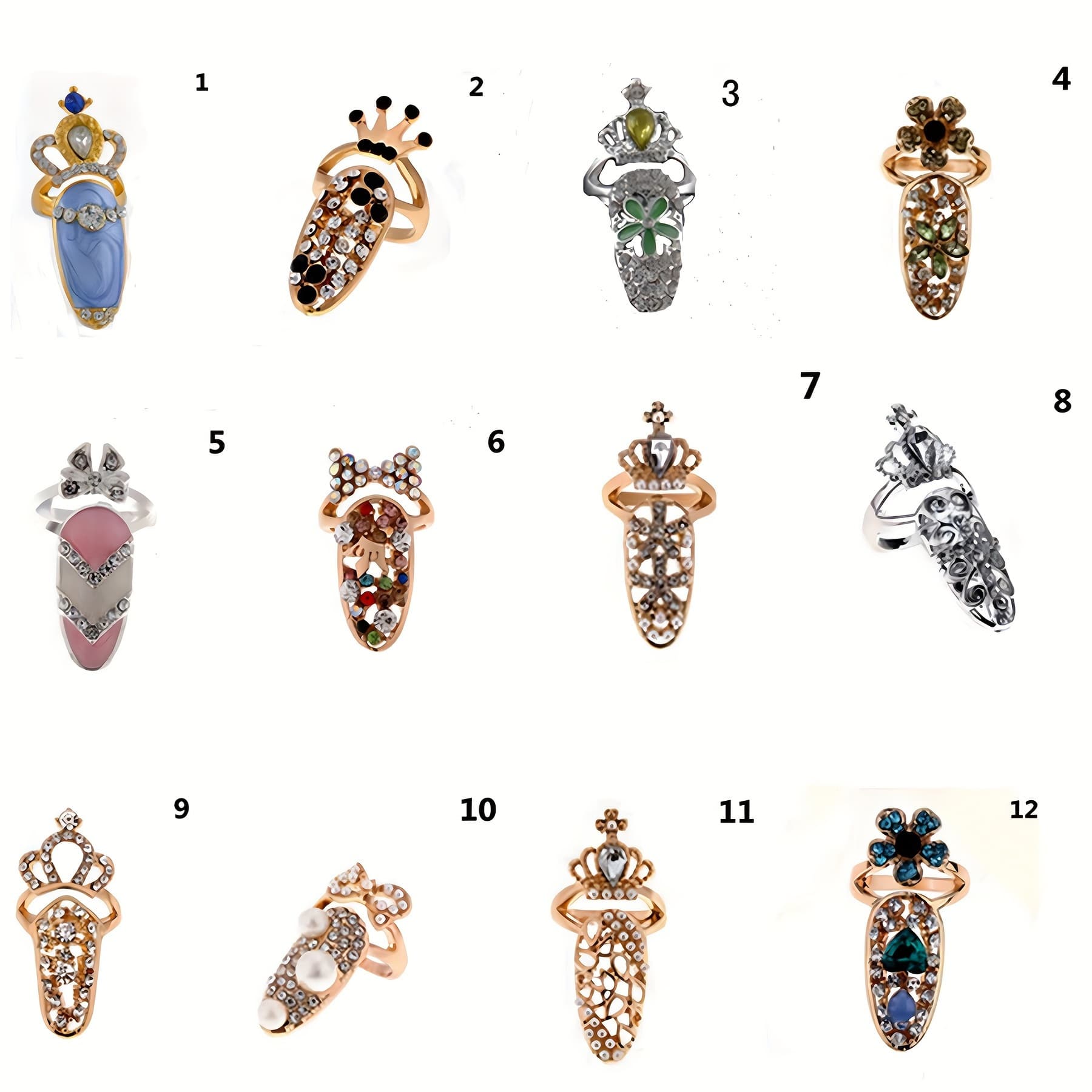 TEMU 12 Luxury Women's Nail Rings Decorated With Tip Nail Art Charm Crown Flower Crystal Nail Rings