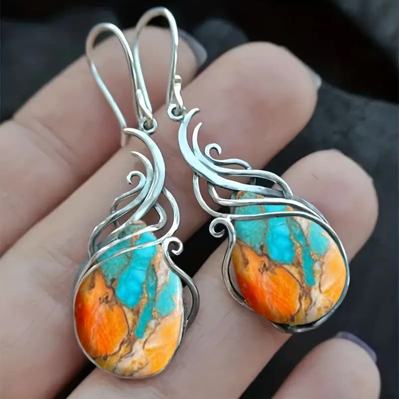 TEMU 2pcs Fashionable Retro Bohemian Style Turquoise Pendant Earrings - Durable Iron Ear Needles, Resin Mosaic, Plated White , Versatile And Easy-to-wear, Combining Well With Any Outfit, Bohemian