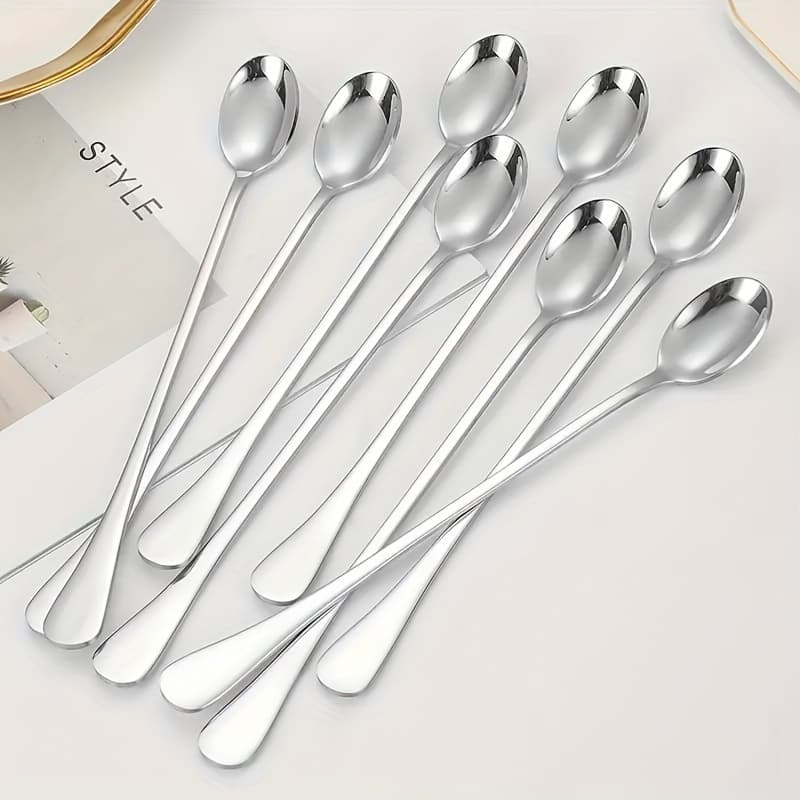 TEMU 8pcs Stainless Steel Spoon Set - Extra-long, Durable Handles For Easy Stirring, Perfect For Mixing Iced Tea, Coffee, And Ice Cream. Kitchen Essential,