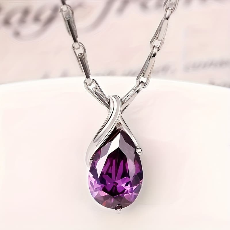 TEMU Bride Engagement Wedding Pendant Necklace For Women Teardrop Shape Purple Synthetic Gemstone Necklace Anniversary Gift