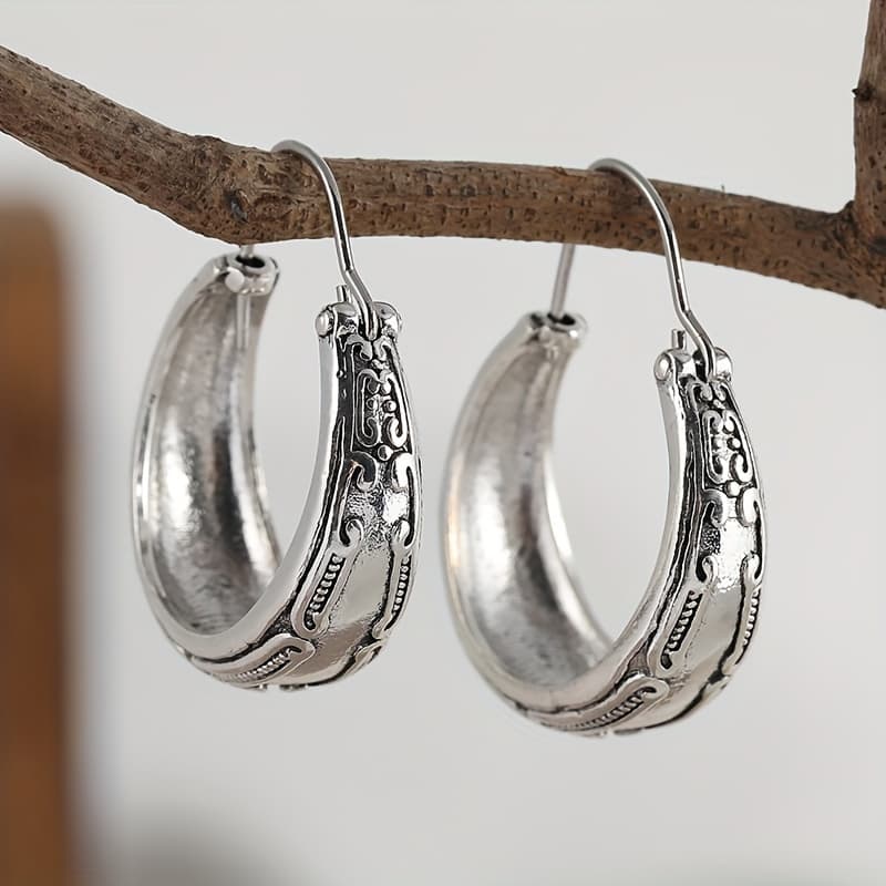 TEMU Vintage-inspired Carved Hoop Earrings - Simple, -style, Alloy Jewelry With Intricate Pattern Details - For Women, Female Fashion Accessories