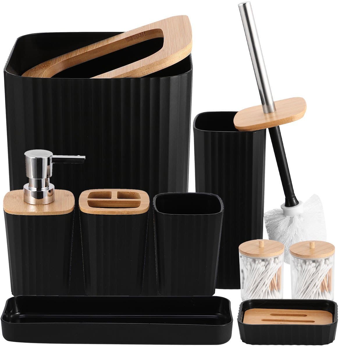 TEMU Sleek And Modern Bathroom Essentials, Featuring A Soap Dish, A Holder For Toothbrushes And Toothpaste, A Lotion Dispenser, A Rinsing Cup, A Toilet Brush, A Waste Bin, And Bathroom Supplies