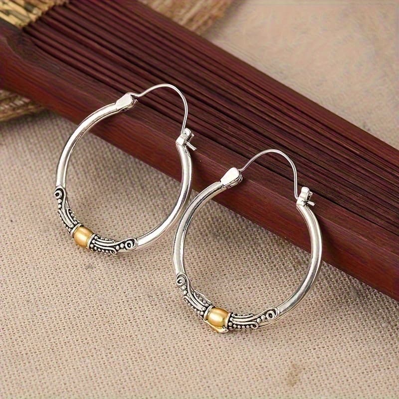TEMU Vibrant Copper Silvery Plated Hoop Earrings - Bohemian , Vintage- Gifts For Women - Durable, Hypoallergenic, Nickel-free, Ideal For Sensitive Light Beige