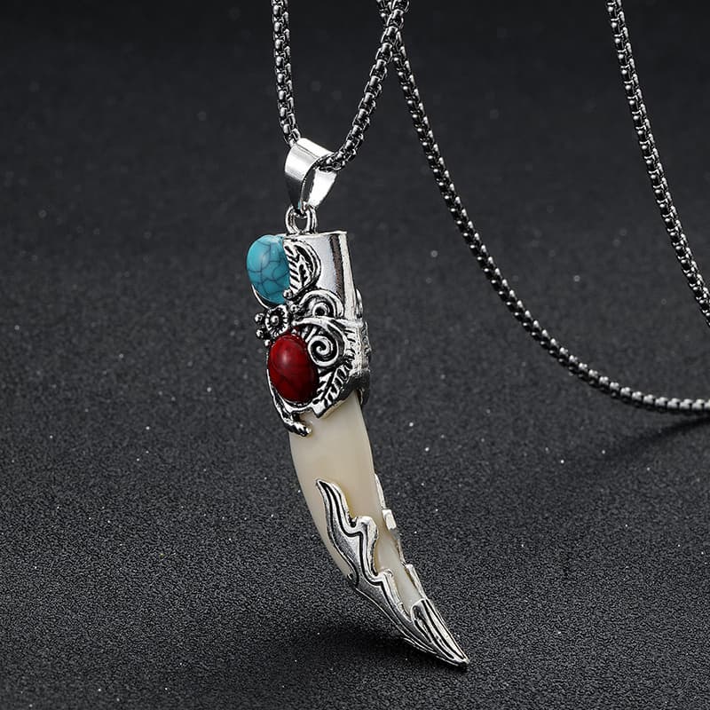 TEMU Vintage Bohemian Style Wolf Tooth Pendant Necklace - Turquoise Inlaid With Synthetic Gems, Creative Gift For Women