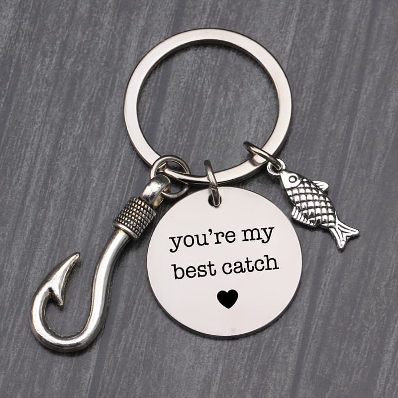 TEMU 1pc Casual Minimalist "you're Catch" Fish Hook & Fish Pendant Keyring - Stainless Steel Keychain For Men - Gift