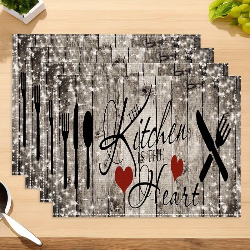 TEMU 4pcs, Linen Table Fabric, Kitchen Pattern Printed Table Mat, Perfect For Home Kitchen And Dining Room Decoration