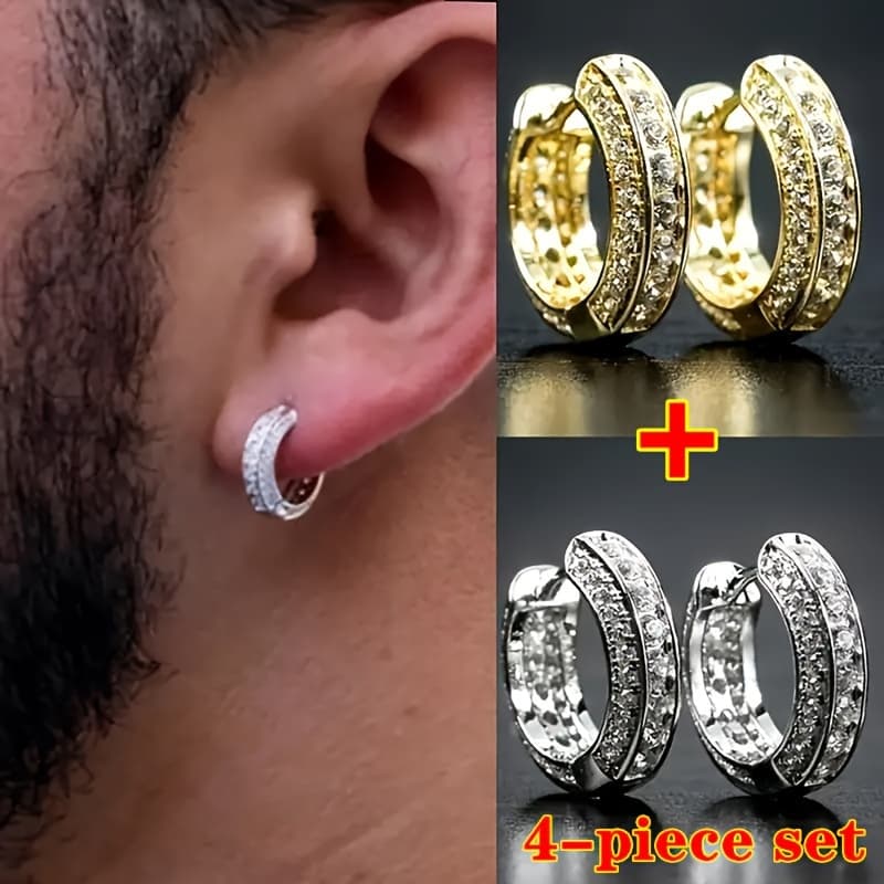 TEMU 4pcs/ Fashionable Cubic Synthetic Synthetic Zircon Men's Earrings And Jewelry, Sparkling Jewelry For Parties And Banquets, Instantly The