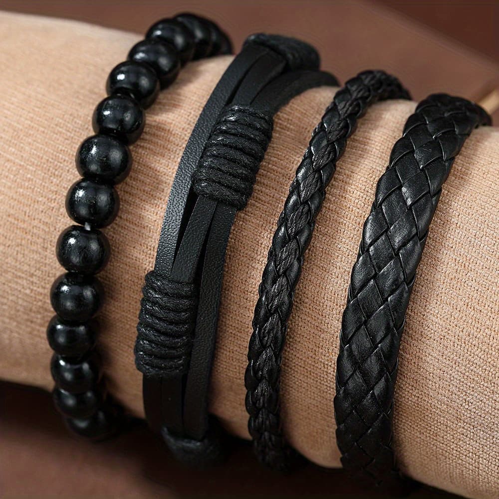 TEMU 4pcs Men's Vintage Faux Leather Braided Handmade Bangle Bangle Bracelet