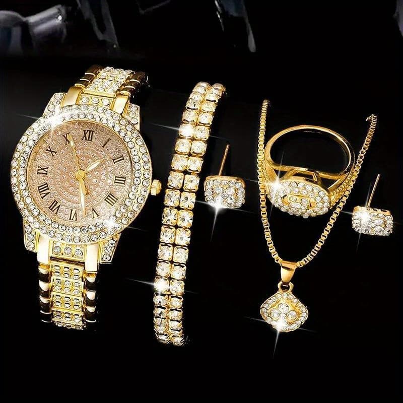 TEMU Women Ring Necklace Earrings Fashion Wristwatch Female Casual Ladies Watches Bracelet Set Clock