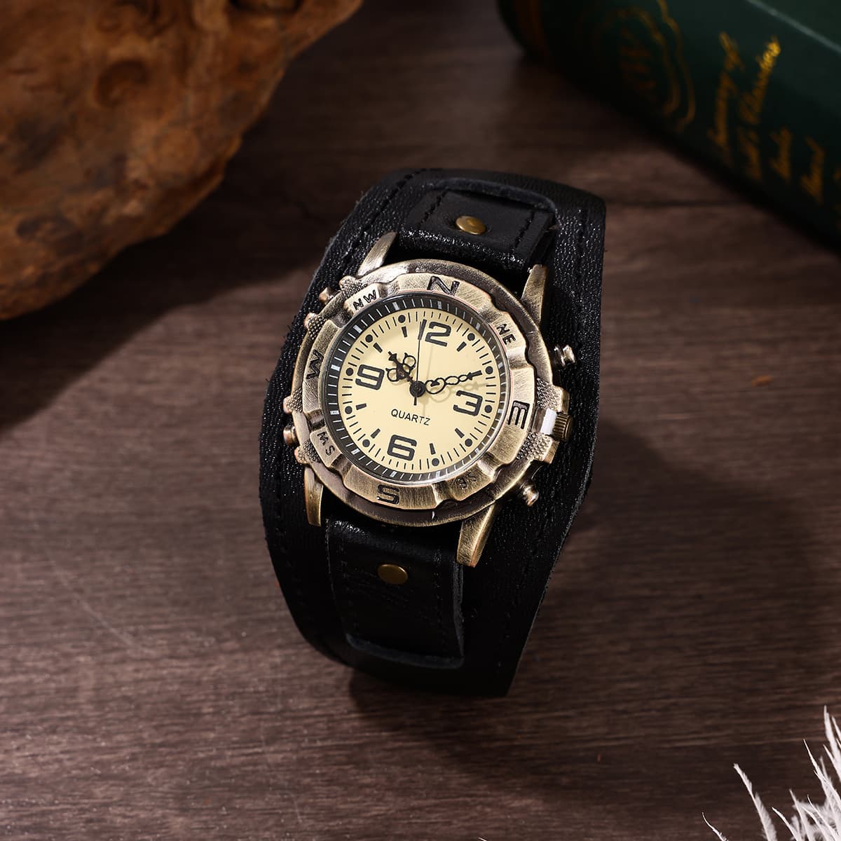 TEMU Retro Faux Leather Watch Bracelet, Versatile And Fashionable For Men And Women, Hip-hop Faux Leather Bracelet Watch Gift