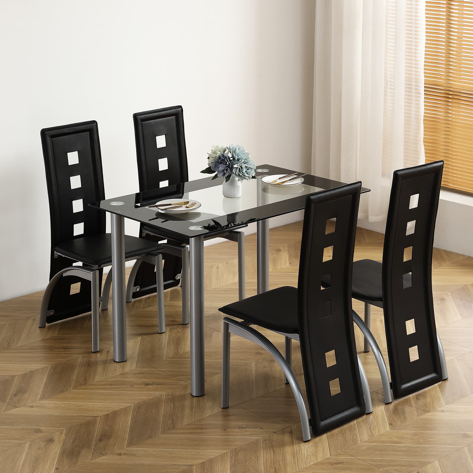 TEMU 5pcs Glass Black Dining Table Set 4 Chairs, Rectangle Modern Kitchen Dining Table For Room Kitchen Breakfast Furniture