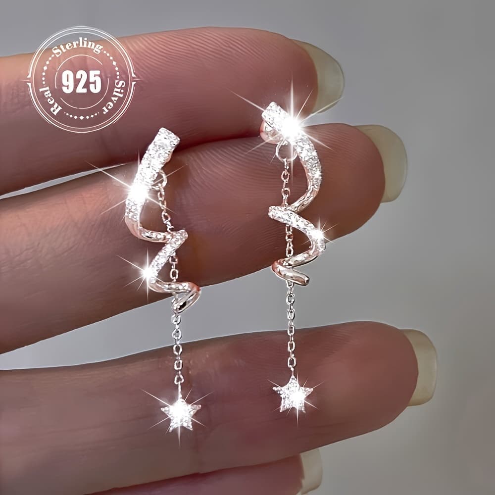 TEMU Unique S925 -shaped Tassel Drop Earrings Inlaid With Sparkling Synthetic Zirconia - Perfect For Daily Wear And Parties, Hypoallergenic, Earrings With A Cute And Vacation-, Women’s Fashion