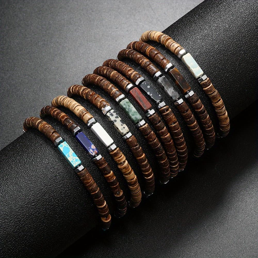 TEMU 10pcs Vintage Natural Stone Coffee Wooden Beaded Bracelets Set For Men, Ethnic Beads Stretch Bracelets, Charm Coconut Bark Protection Bracelet, Ideal Jewelry Gifts For Men Boy Teen