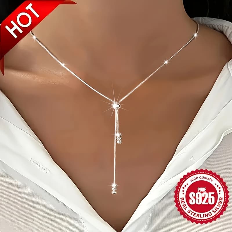 TEMU Elegant 925 Sterling Silver Y-shape Necklace For Women, Adjustable Bead Slider, Simple , Silver Plated, Hypoallergenic Versatile For All , Ideal For Daily Wear & Vacation, Perfect Christmas Gift