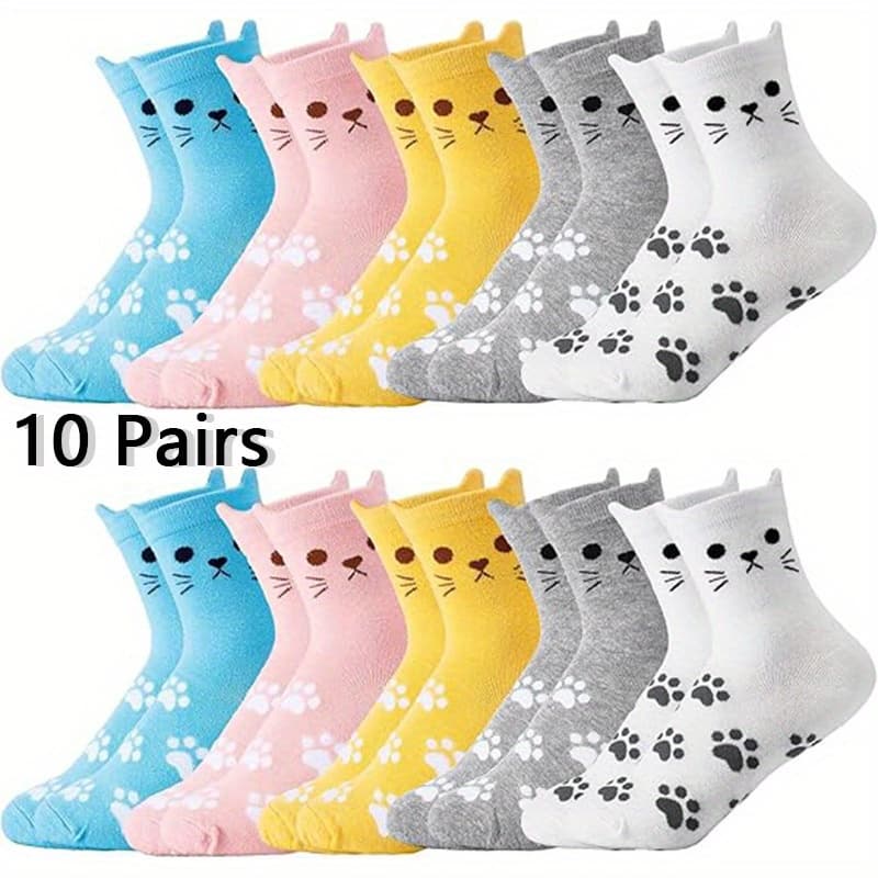 TEMU 10 Pairs Girl's Cartoon Cat Pattern Knitted Crew Socks, Thickened Comfy Breathable Soft Crew Socks