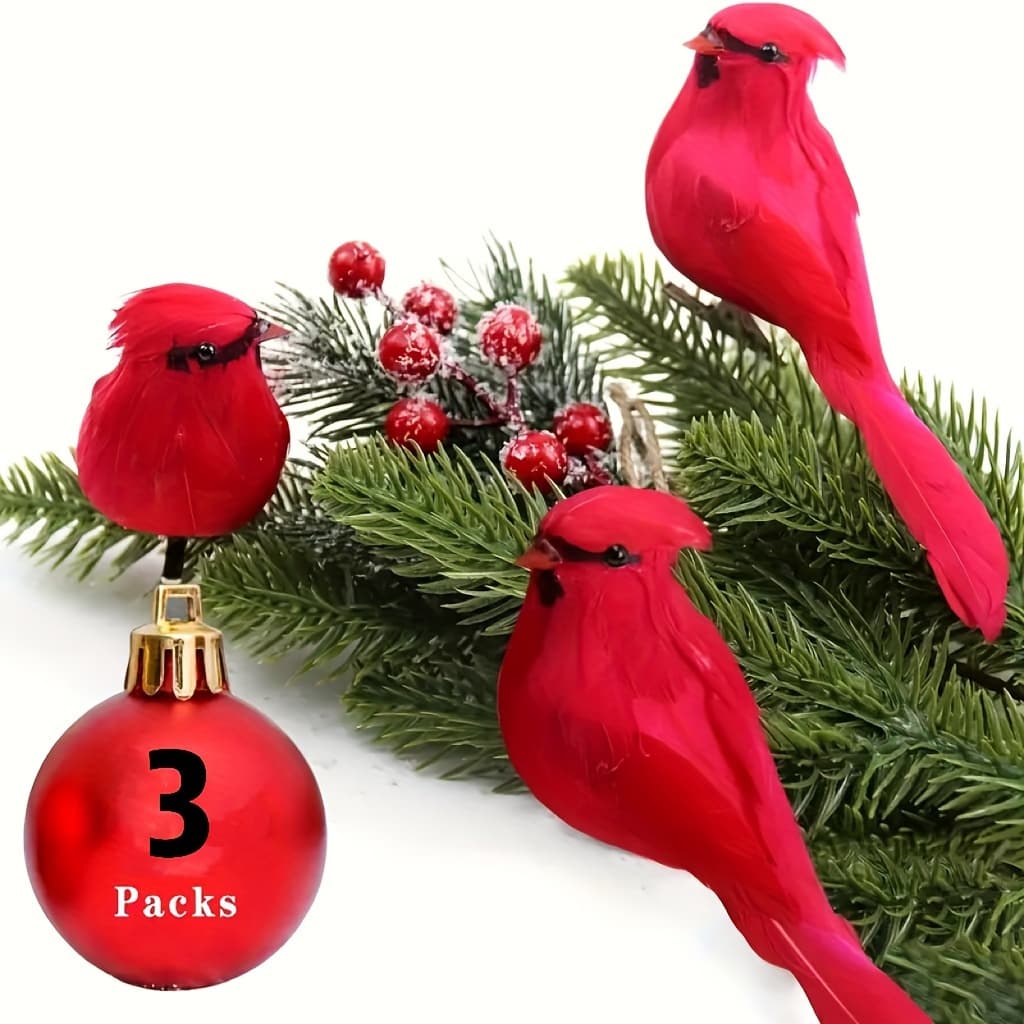 TEMU 12pcs Red Bird Ornaments With Feathers - Clip-on Tree Decor For Christmas, Festivals & Outdoor Celebrations, No Power Needed