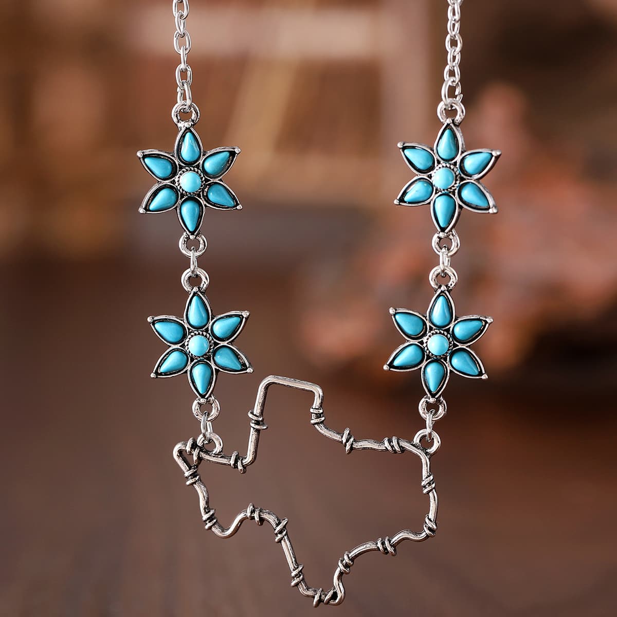 TEMU State Map Pendant Necklace - Turquoise Flower & Pumpkin Design, Lightweight Alloy Chain For Women, Quirky Western Style Jewelry Gift, Quirky Jewelry||alloy Construction
