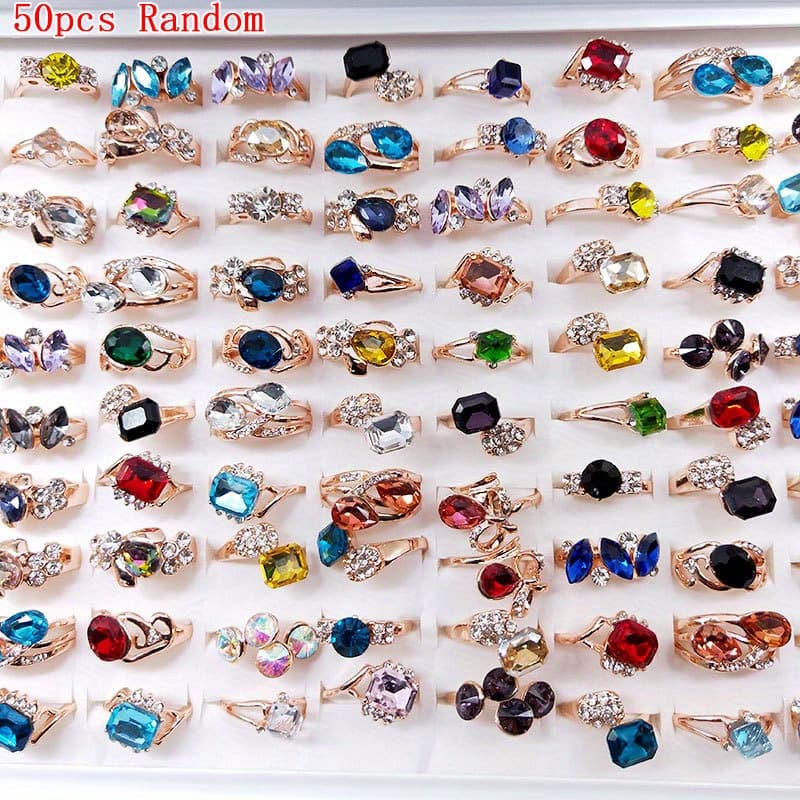 TEMU 50pcs Wholesale Colorful Glass Mixed Rings Bulk Finger Party Ring Jewelry Lot, Rings Style Random