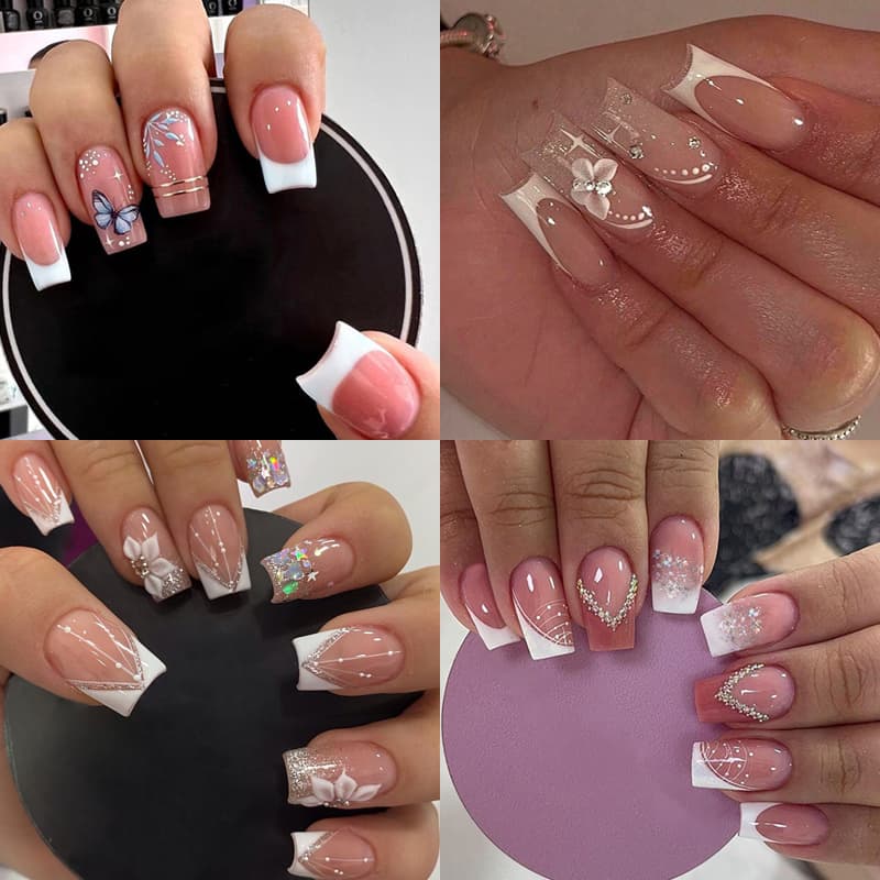 TEMU Christmas 4pcs (96pcs) Short Square Press On Nails French Tip Fake Nails White Flower With Glitter False Nail Charms Crafts Glue On Nails For Women Manicure Tips