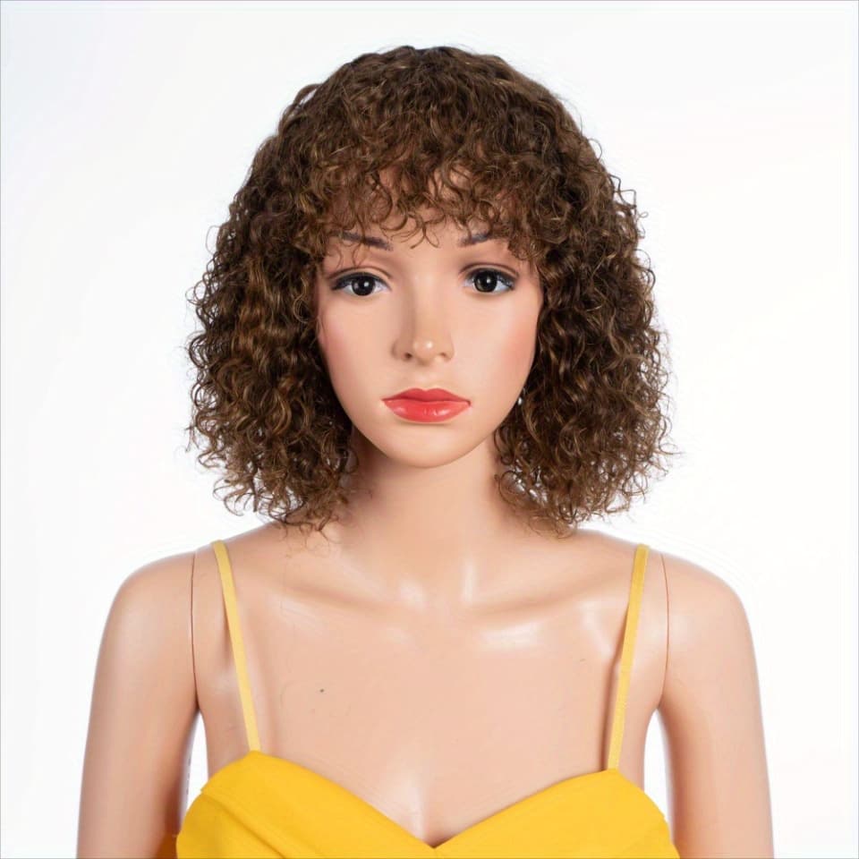TEMU Women' Brazilian Human Hair Wig - Highlight Blonde Curly Short Bob With Bangs, Non-lace Wigs Suitable For Women, Volume & Daily Wear, Curly Hair Wigs