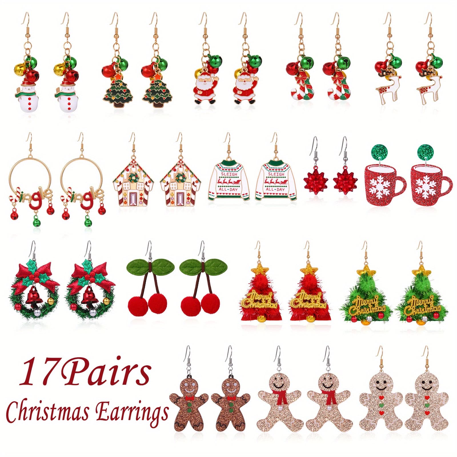 TEMU 17pairs Christmas Earrings For Women, Acrylic Earrings Gingerbread Men Design Earrings, Christmas Tree Grass Ring Bell Earrings Sets, Ideal Xmas Holiday Earrings Jewelry Gifts For Women Teen