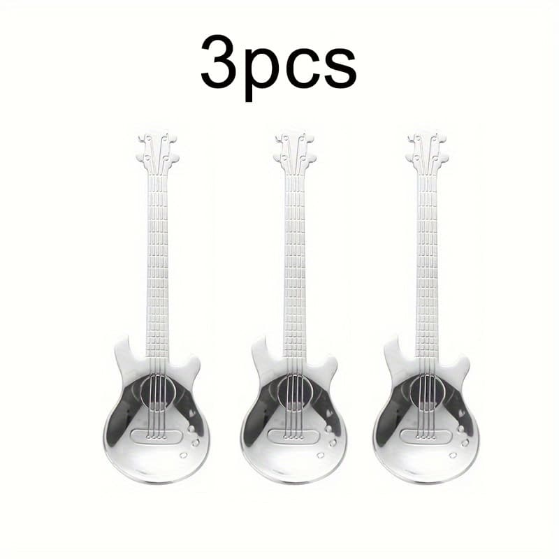 TEMU Set Of 3 Guitar-shaped Stainless Steel Spoons Ideal For Coffee, Tea, Desserts, And Ice Cream - A Sturdy Kitchen Featuring A Flatware Design, Easy To Clean, And Resistant To Rust For Extended Use
