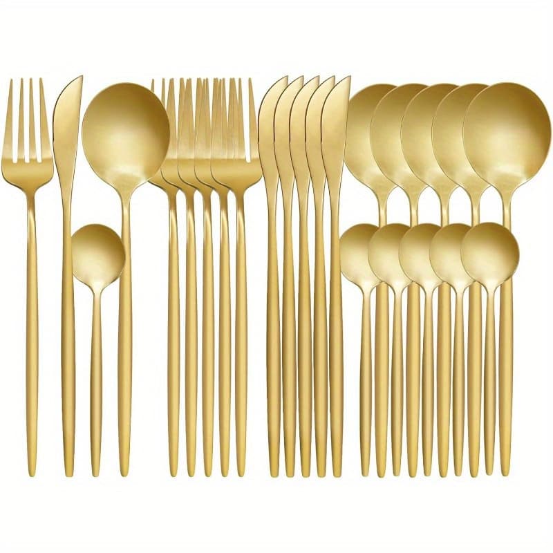 TEMU Golden Silverware Set For 6, 24pcs Stainless Steel Flatware Set, Matte Golden Cutlery Tableware Set, Kitchen Utensils Set Spoons And Forks Set