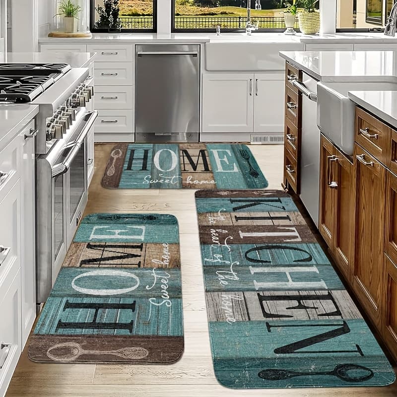 TEMU 2/3pcs Farmhouse Kitchen Mat Set: Green, Brown And Teal Kitchen Rugs, Rectangular, Machine Washable, Soft, Suitable For Kitchen, Bathroom, Bedroom, And Living Room