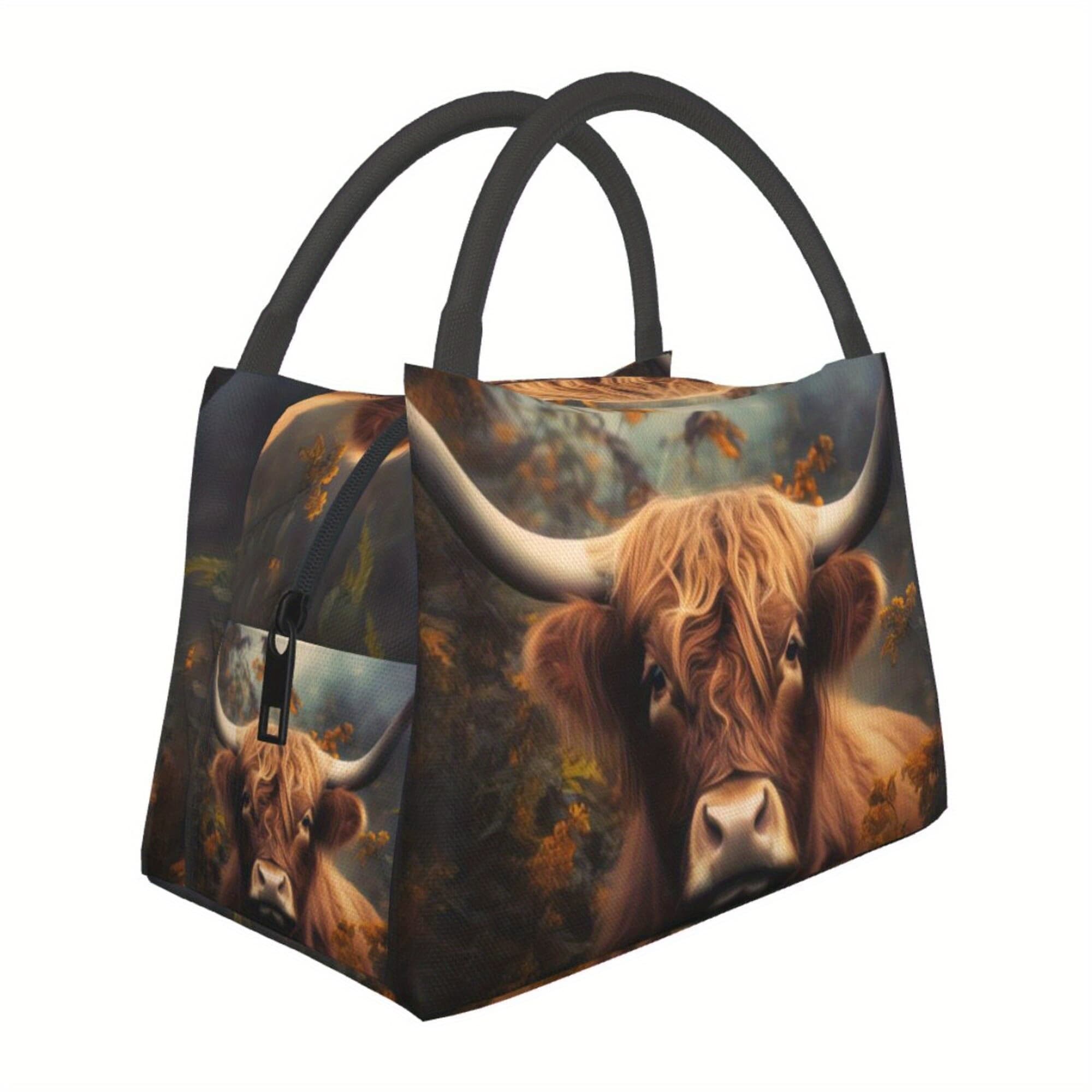 TEMU 1pc Autumn Cow Pattern, Portable Reusable Cooler Bag, Cooler Bag, Insulated Lunch Bag For Camping Picnic Beach Essentials, Suitable For Home, Restaurant, Office, And Outdoor, 11x6.3x6.7 In