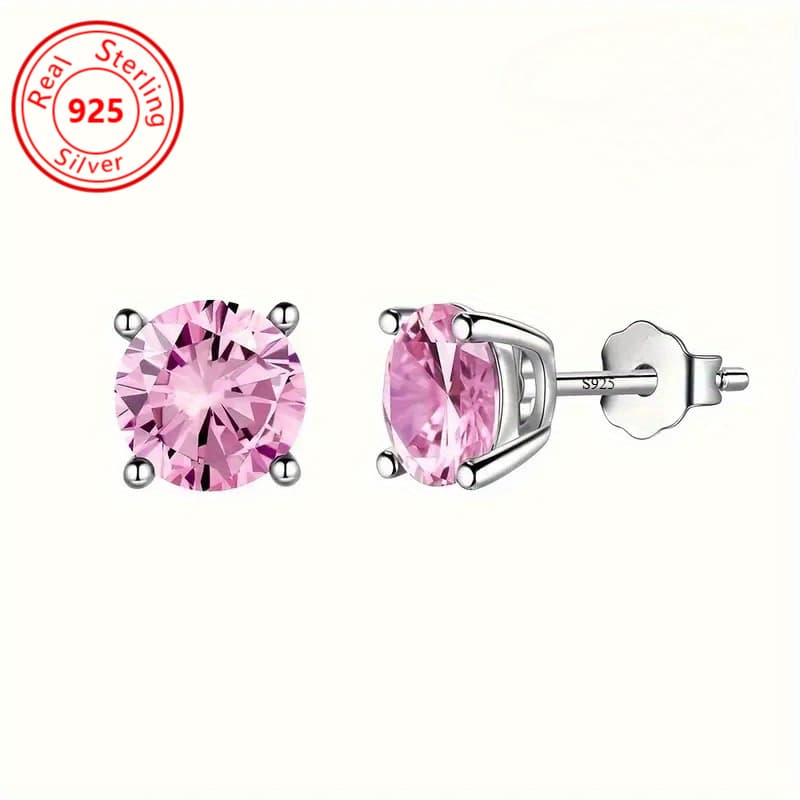 TEMU 1 Pair Of Elegant Pink Zirconia Round Zirconia 925 Sterling Silver Stud Earrings - Hypoallergenic - Perfect For Any Occasion Party Everything Jewelry - Valentine's Day Gift