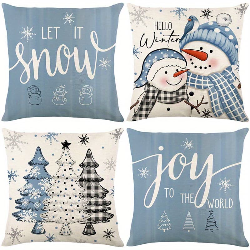 TEMU 4pcs/ Set Blue Christmas Blue Decorative Pillow Covers, Snowman Tree Christmas Merry Outdoor Indoor Home Decoration, Holiday Sofa Cushion Covers