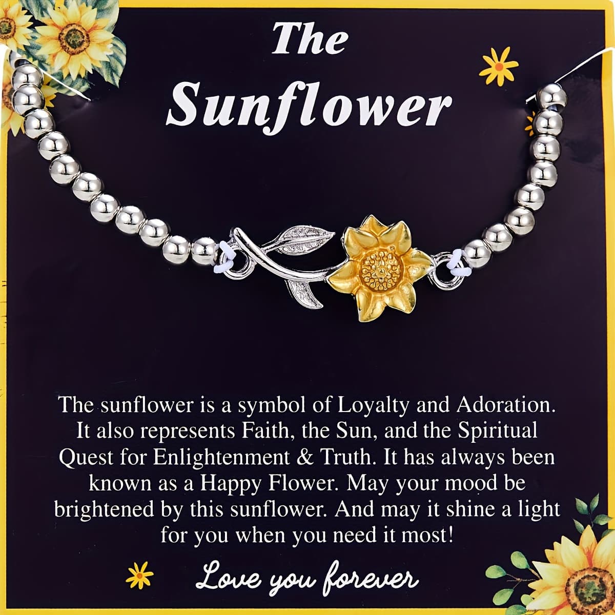 TEMU Exquisite Sunflower Beaded Charm Bracelet - Elegant Vintage Style Alloy Hand Jewelry With Gift Card - Valentine's Day, , Birthday, Anniversary, And Any Special Occasion Gift