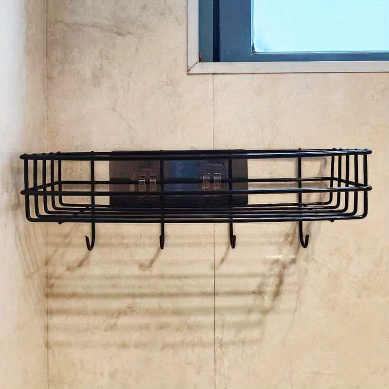 TEMU Multifunctional Wall-mounted Bathroom Storage Rack, Kitchen Storage Rack, 1pc Cast Shower Gel Rack With Hook, Punch-free Wall-mounted Bathroom Essentials Storage Rack