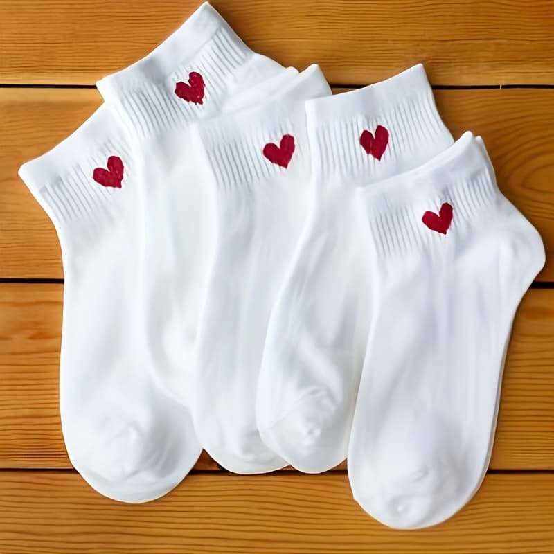TEMU 5-pair Fashion Heart-print Low-cut Socks, Valentine's Day Gift, Comfortable For Spring And Autumn