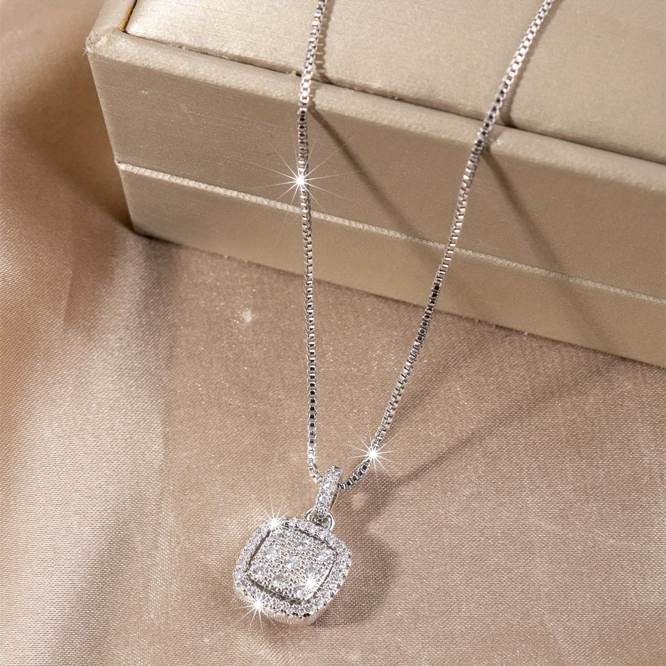 TEMU A And Square Zirconia Pendant - A Luxurious 925 Sterling Silver Necklace For Women, Perfect For Wedding Celebrations