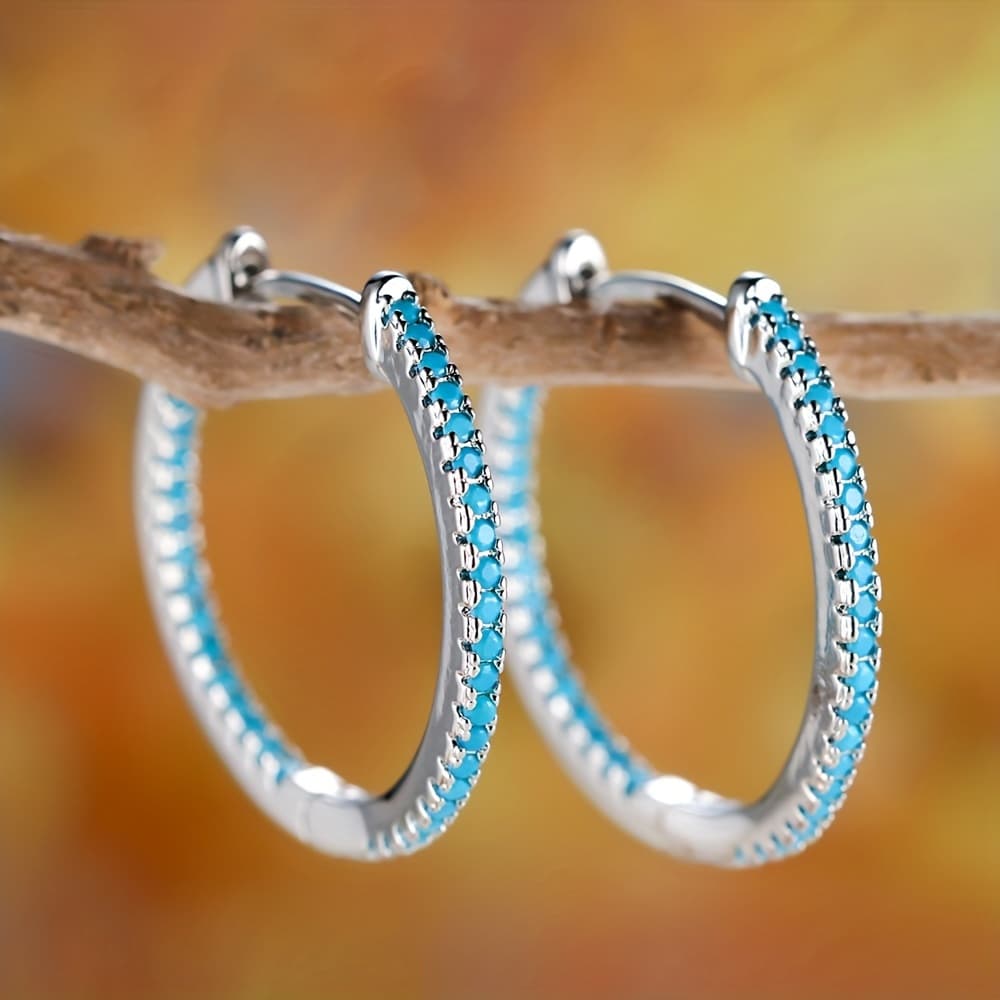 TEMU A Pair Of Silvery Hoop 925 With Blue Turquoise Stone Decoration Bohemian Style Jewelry Ladies Gift