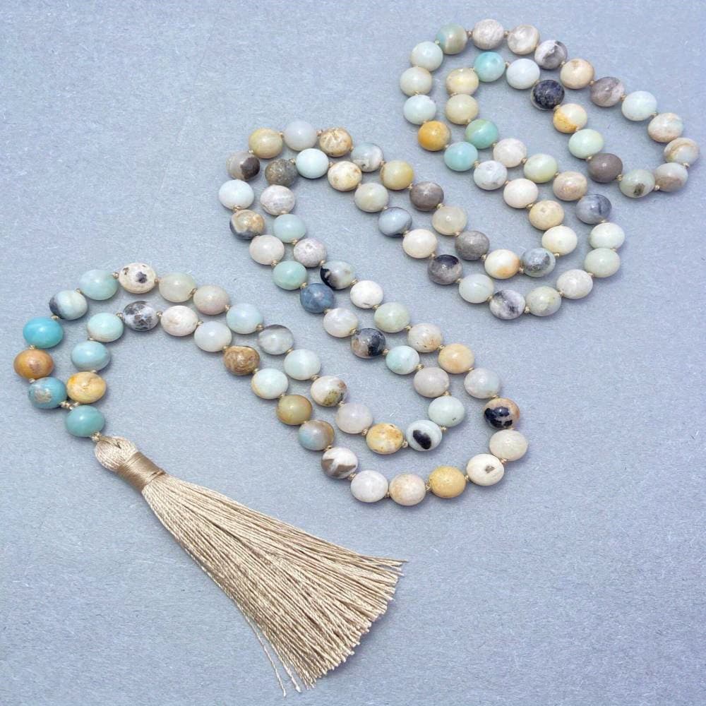 TEMU Handmade Natural Stone 6mm 108 Natural Amazonite Beads Necklace Knotted Tassel Sweater Chain Mala Beads