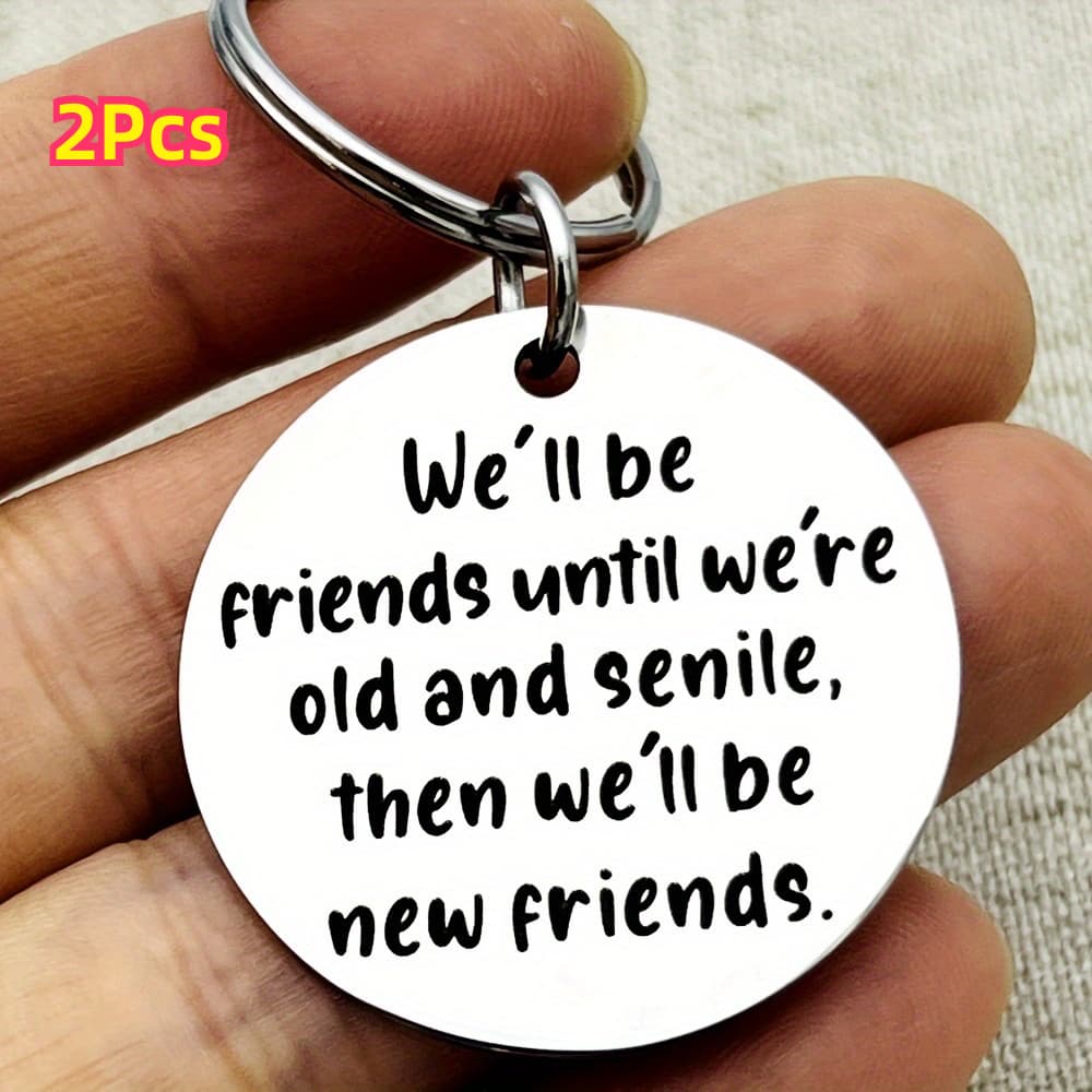 TEMU 2pcs Elegant Stainless Steel Keychains For - ' Old And Senile' Engraved Quote, Perfect Birthday Or Graduation Gift For Men, Best Friend Gifts