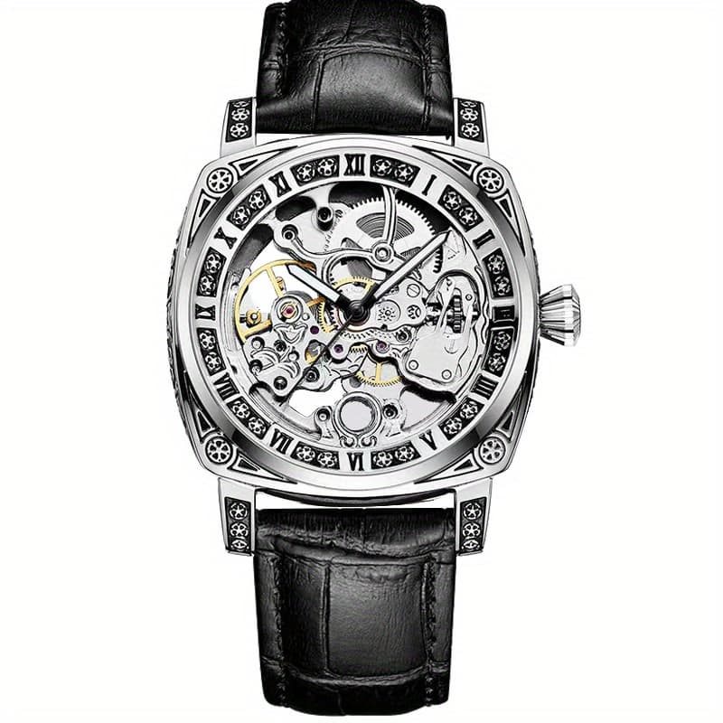 TEMU 1pc Men's Silvery-black Belt Retro Style Personality Luminous Engraved Automatic Mechanical Watch