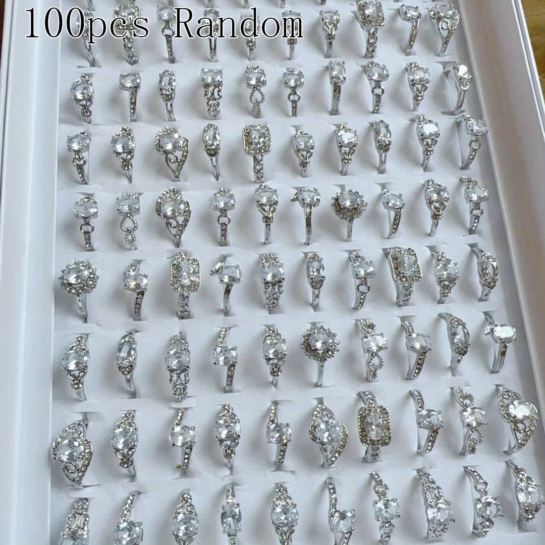 TEMU 100pcs Inlaid Shiny Zirconia Mixed Style Finger Ring Set Elegant Stacking Ring Jewelry Additions Opp Bag Packaging (16mm-20mm Random)