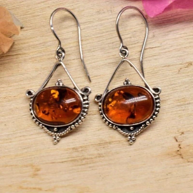 TEMU S925 Silver Amber Stone Drop Earrings, Vintage Bohemian Style, Fashion Dangling Earrings, Perfect For Anniversary & Birthday Gifts, Party And Evening Accessory