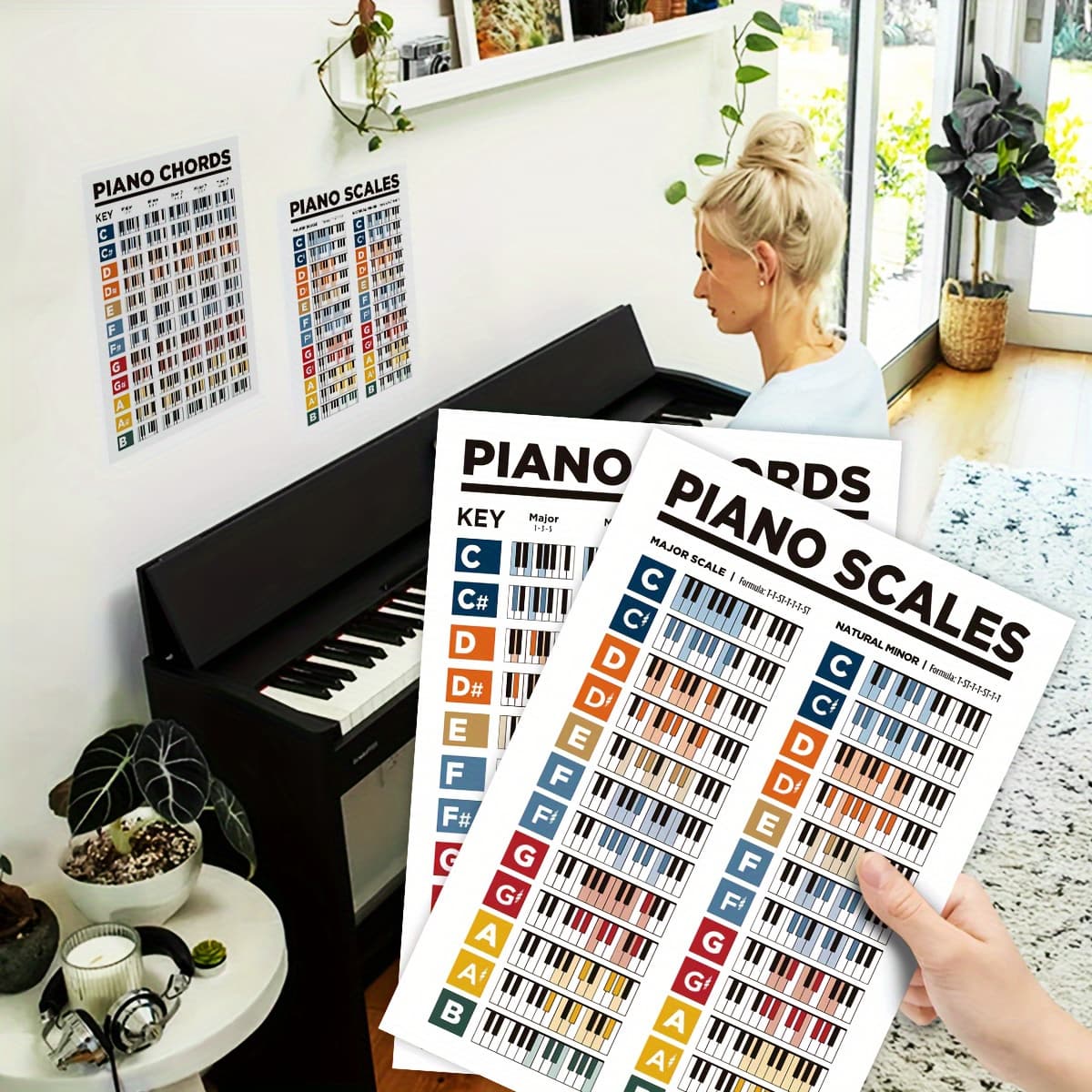 TEMU 4pcs Interactive Piano Learning Posters - Chord Charts & Music Guide - Durable Wall Art For Beginners, Guitarists, And Music Teachers - Enhance Understanding