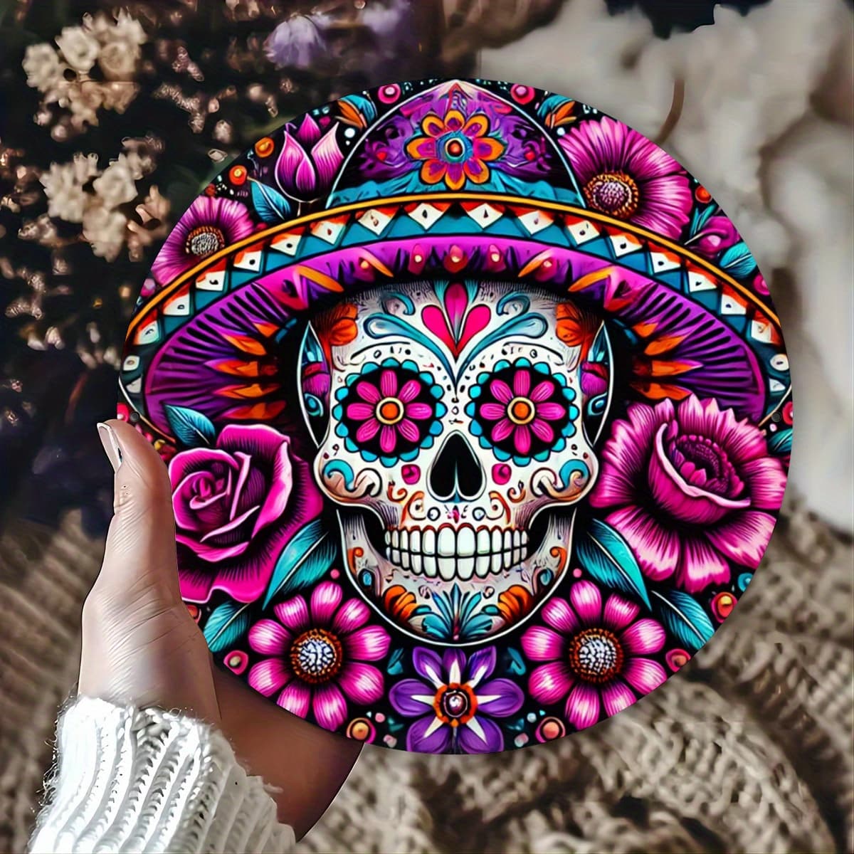 TEMU 1pc, Sugar Metal Wreath Sign, 8 Inch Round Floral Decoration, Pre-drilled Waterproof Outdoor Indoor Decorative Panel For Home, Cafe, Commercial, Hd Printing