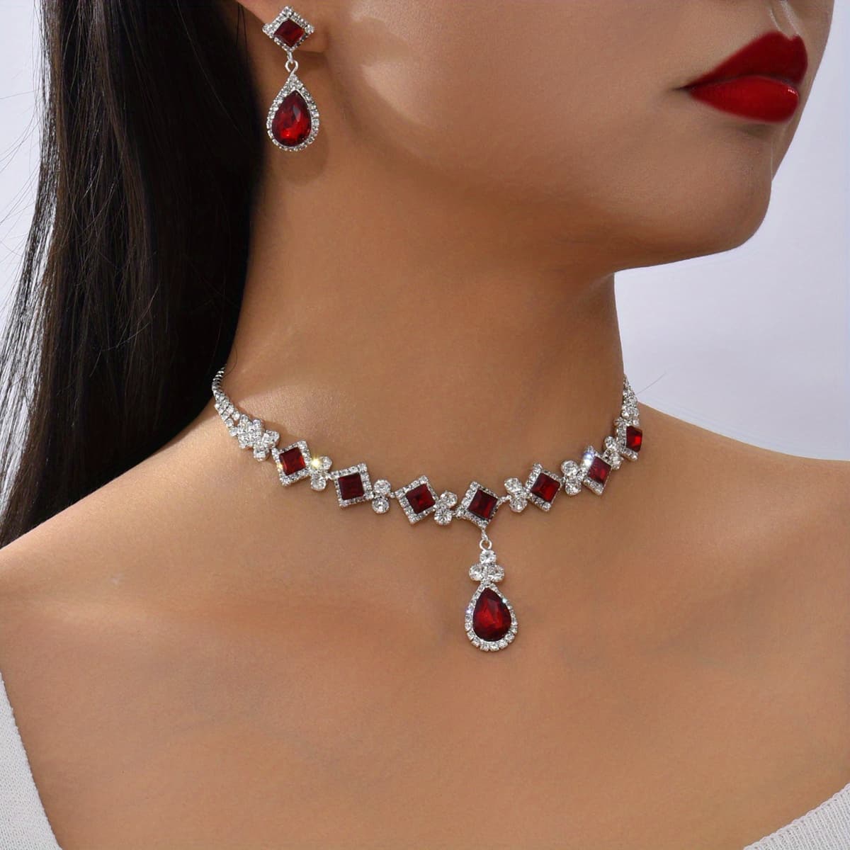 TEMU 1 Pair Of Earrings + 1 Necklace Elegant Jewelry Set Silver Plated Inlaid Glasses Engagement/ Wedding Decor Dupes
