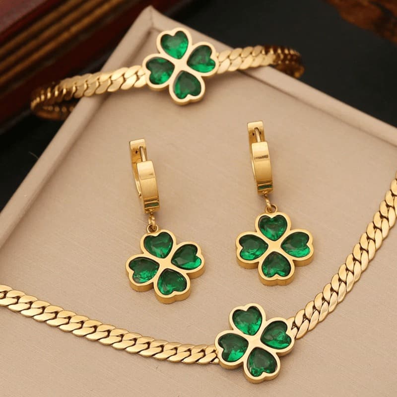 TEMU 1set Green Heart Cubic & Flower Shaped Stainless Steel Jewelry Set For Women, 3pcs Including Necklace, Bracelet And Earrings, Suitable For Daily And Special Occasion, For Gift
